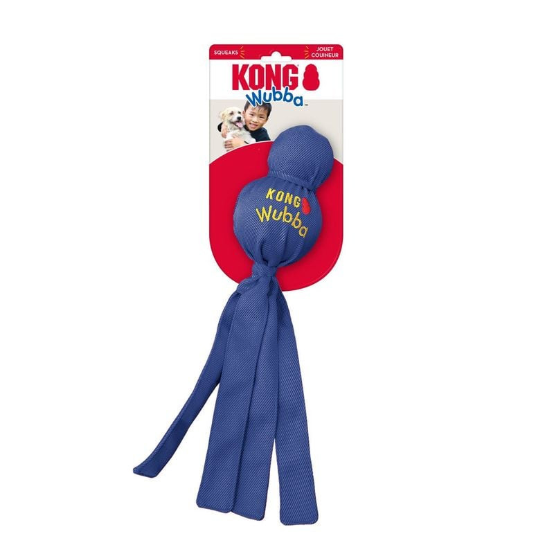 Jouet pour chien KONG Wubba L vu de côté montrant deux balles et de longues franges flottantes