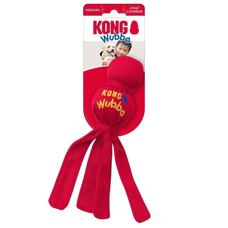 Jouet pour chien KONG Wubba S sur fond blanc, corps en nylon renforcé avec balle de tennis et balle 