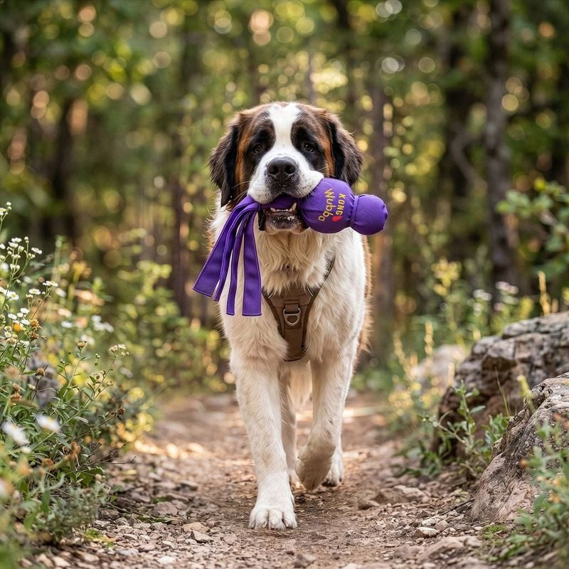 Petit chien jouant à la balle avec le jouet KONG Wubba S à l'extérieur, courant avec le jouet dans l