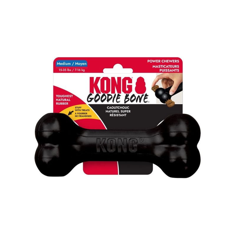 Jouet KONG Extreme Goodie Bone noir en caoutchouc naturel, isolé sur fond blanc, montrant la forme d