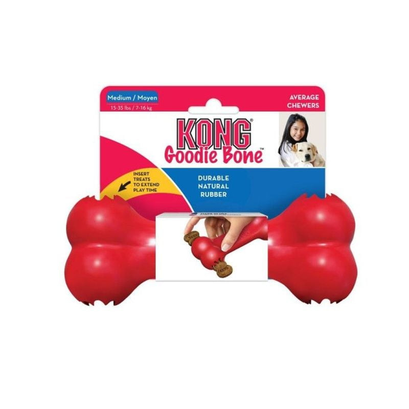 Packshot du Jouet os KONG Goodie Bone M pour chien, en caoutchouc rouge avec extrémités Goodie Gripp