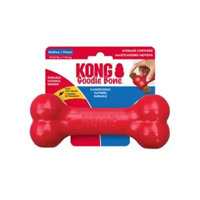 Jouet pour chien KONG Goodie Bone M en caoutchouc rouge, isolé sur fond blanc, montrant la forme d'o