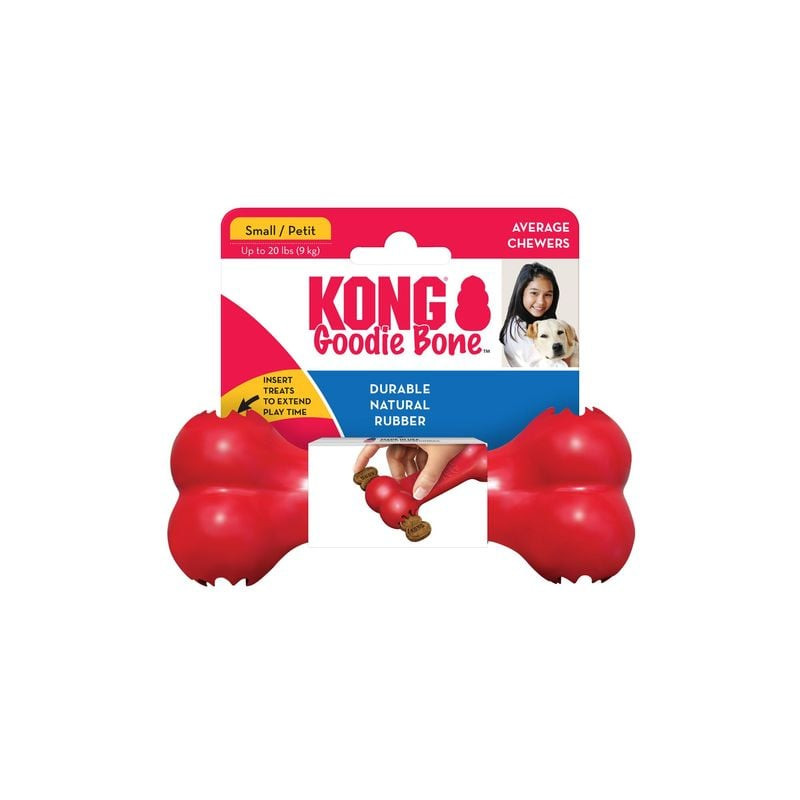 Jouet KONG Goodie Bone S pour petit chien en caoutchouc naturel rouge, sur fond blanc
