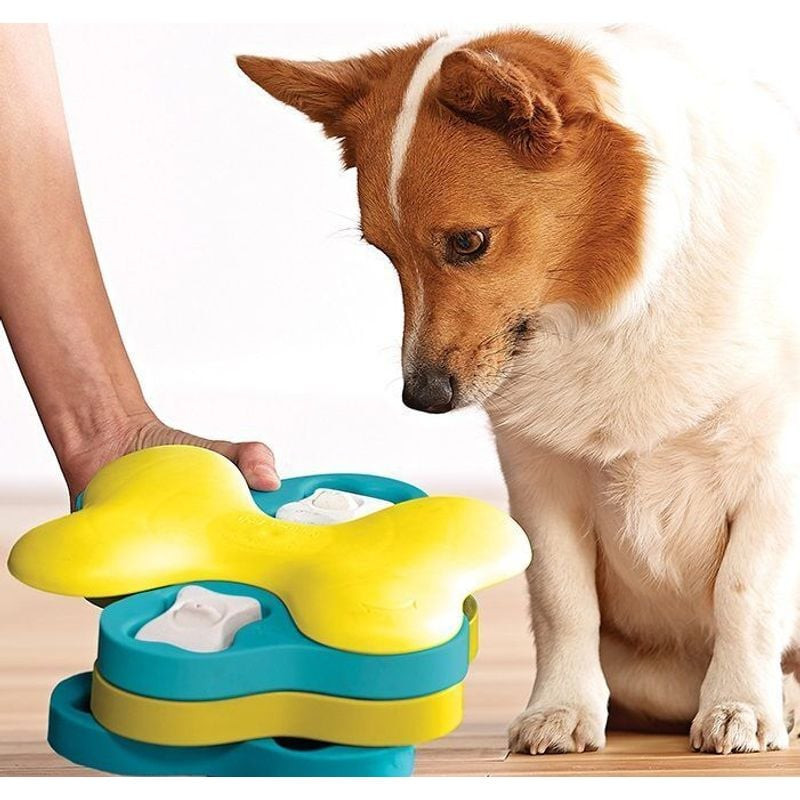Chien jouant avec le jeu d'intelligence rotatif Nina Ottosson Dog Tornado pour chien, un puzzle inte