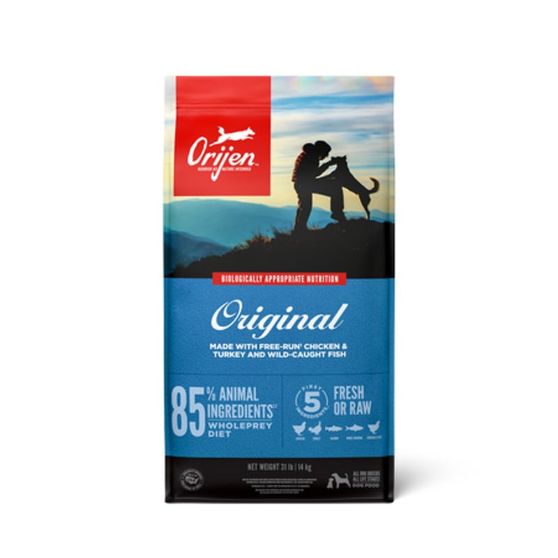Packshot du sac de croquettes ORIJEN Original montrant l'étiquette avant avec une image de chien et 