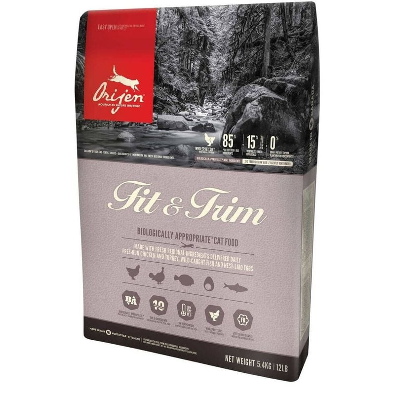 Vue latérale du sac de croquettes ORIJEN Fit & Trim montrant les dimensions du produit et la texture