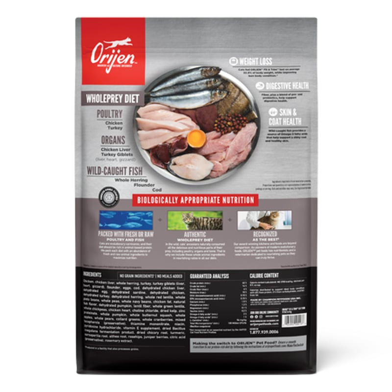 Vue arrière du sac de croquettes ORIJEN Fit & Trim montrant les informations nutritionnelles et les 