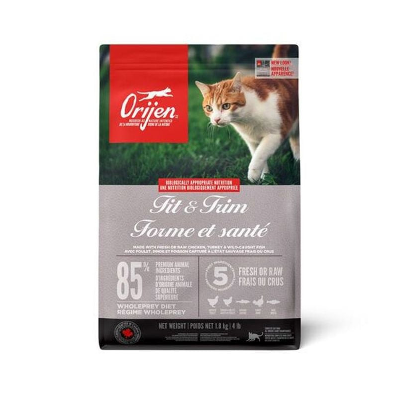 Packshot du sac de croquettes Orijen Fit & Trim pour chat, 1,8 kg, présentant l'emballage avec le de