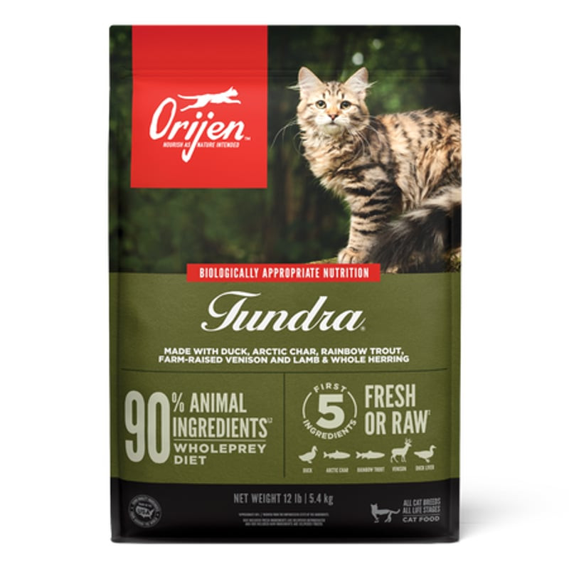 Vue avant du sac de croquettes pour chat sans céréales Orijen Tundra, avec une image de loup et le n