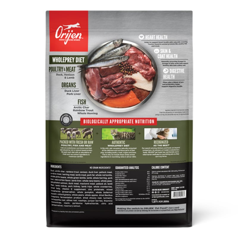 Vue arrière du sac de croquettes Orijen Tundra affichant la liste des ingrédients et les information