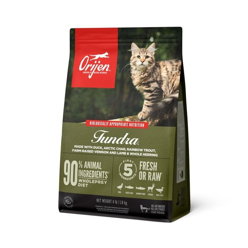 Paquet de croquettes Orijen Tundra 1,8 kg pour chat, mettant en avant une alimentation riche en prot