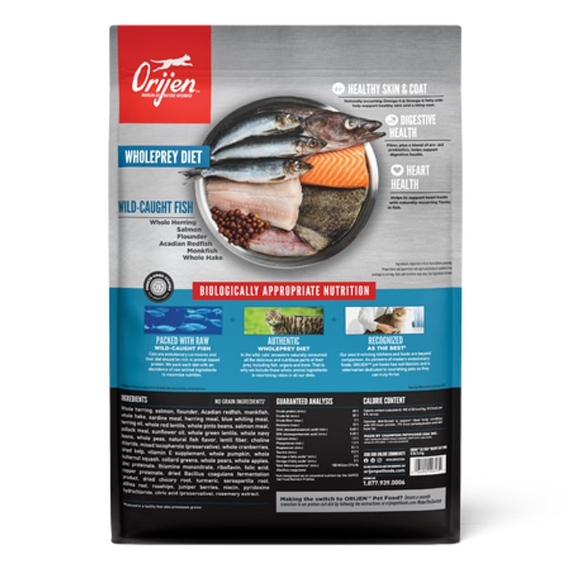 Vue arrière du sac de croquettes Orijen Six Fish montrant la liste des ingrédients et les informatio