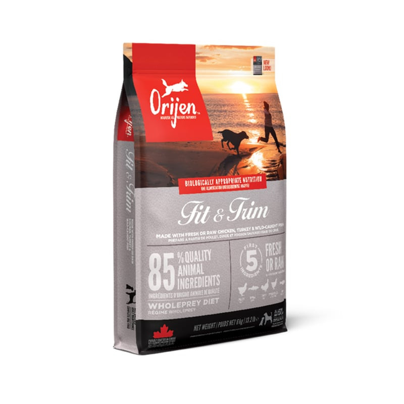 Sac de croquettes ORIJEN Fit & Trim pour chien, vue de face, formule riche en protéines et pauvre en
