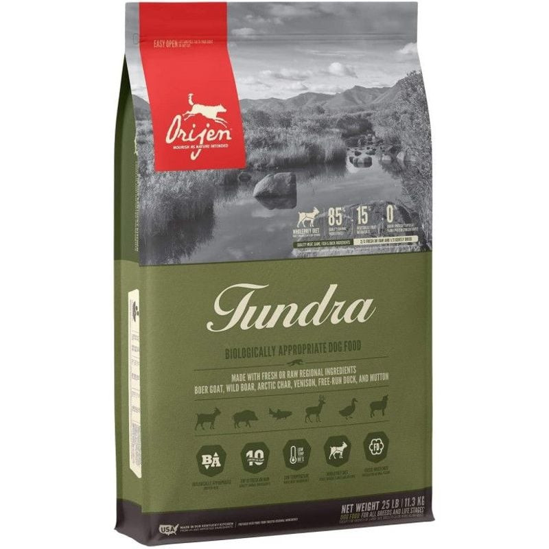Packshot du sac Orijen Tundra montrant l'étiquette avant avec marque, nom et caractéristiques princi