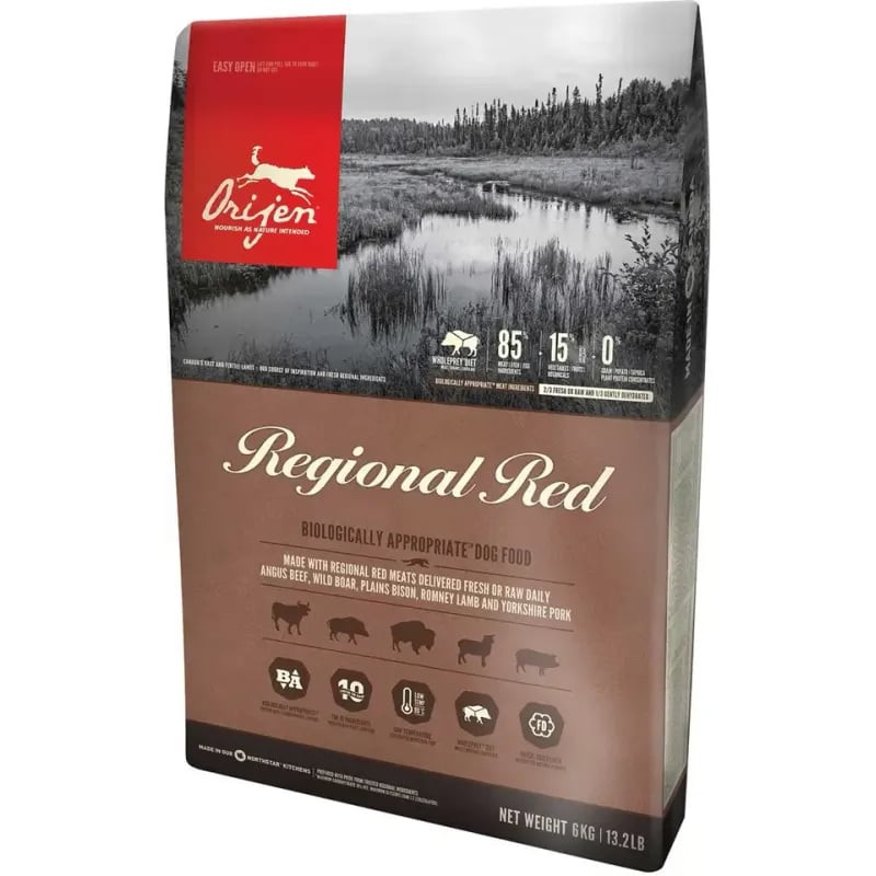 Vue de dessus du sac de croquettes Orijen Regional Red avec le logo de la marque et la fermeture ref