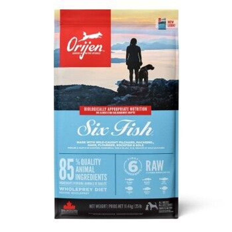 Packshot du sac de croquettes Orijen six poissons pour chien adulte, format 11,4 kg