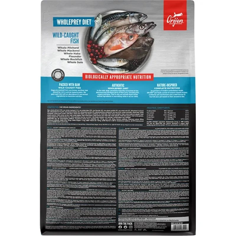 Dos du sac Orijen Adulte 6 Poissons : infos nutritionnelles et ingrédients WholePrey.