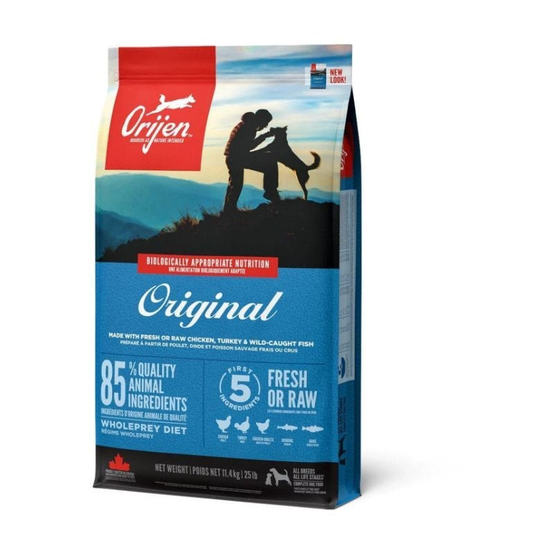 Vue latérale du sac Orijen Original montrant le nom et les avantages : '85% d'ingrédients animaux' e