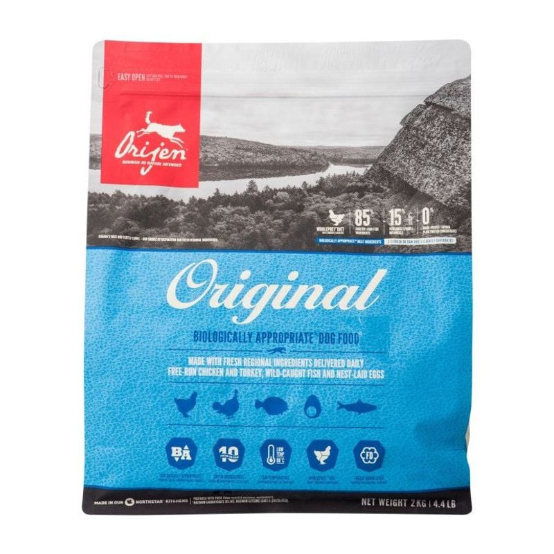 1966980 ORIJEN Original sac de croquettes dos montrant la liste des ingrédients et le guide d'alimen
