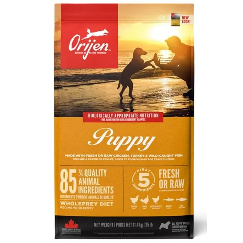 Vue arrière du sac Orijen Puppy 1966977 avec infos nutritionnelles, ingrédients et guide d'alimentat