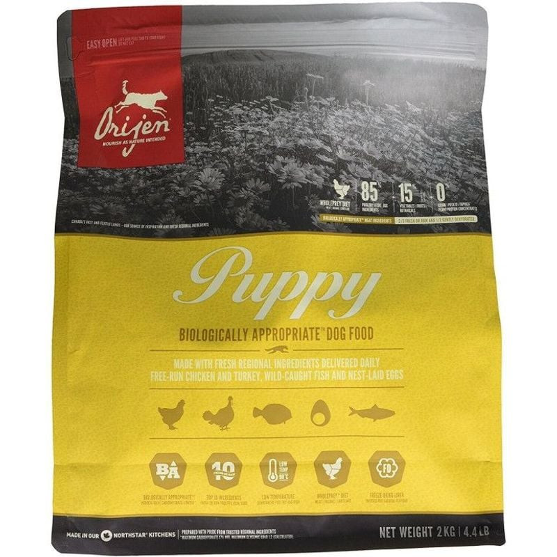 Vue arrière du sac ORIJEN pour chiot avec informations nutritionnelles et liste d'ingrédients.