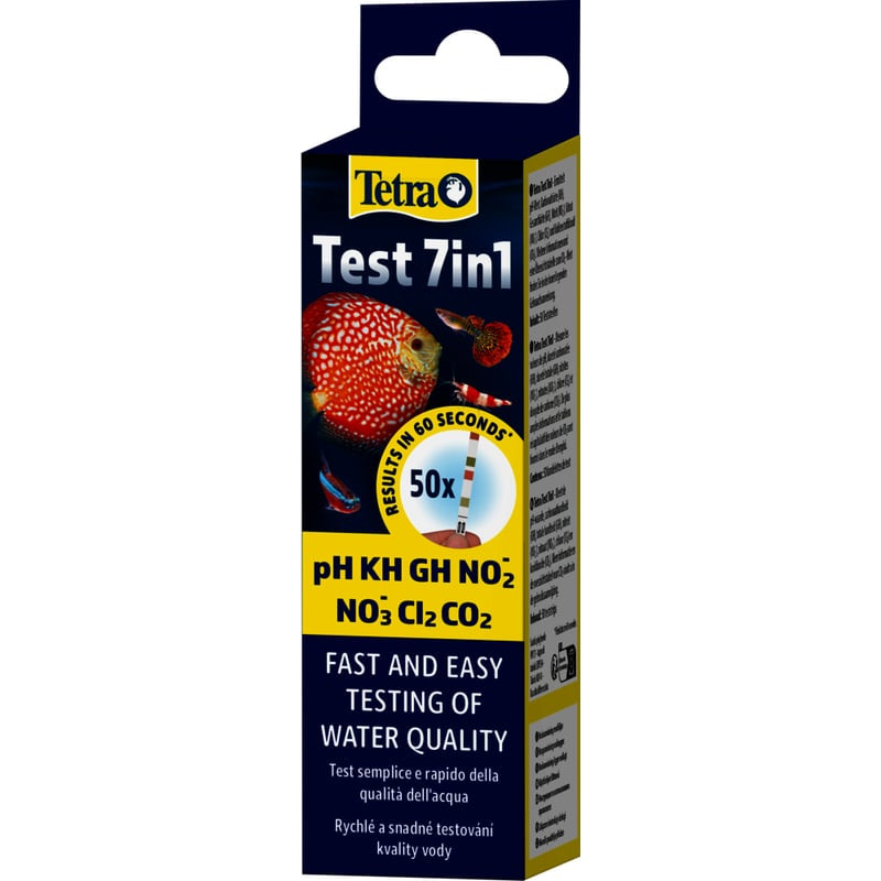 Paquet de bandelettes de test Tetra Test 7en1 pour aquarium, boîte affichant 7 paramètres et un nuan