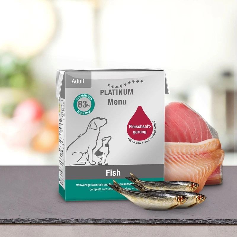 Platinum Menu Adult Fish wet dog food with fresh fish, shown in a bowl with the product packaging in