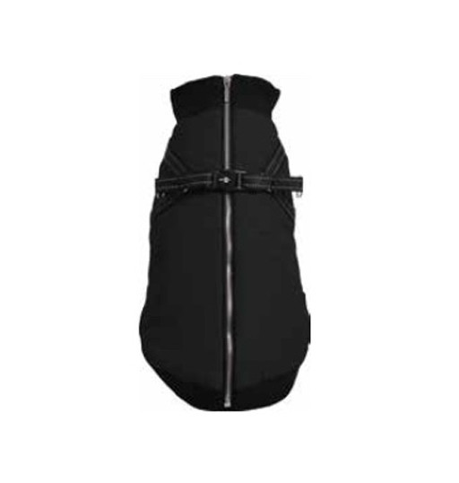 Packshot of the 1083481 black bomber dog coat from CROCI, featuring an integrated harness, reflectiv