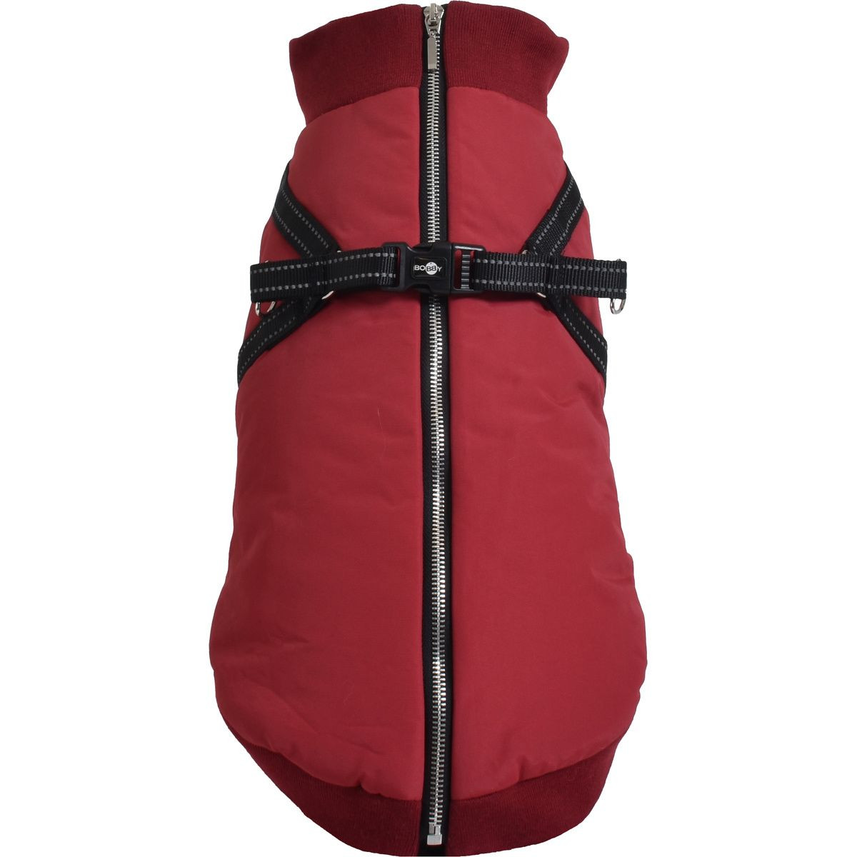 Front view of 1083474 Easy dog coat with reflective strap and zip closure on back.