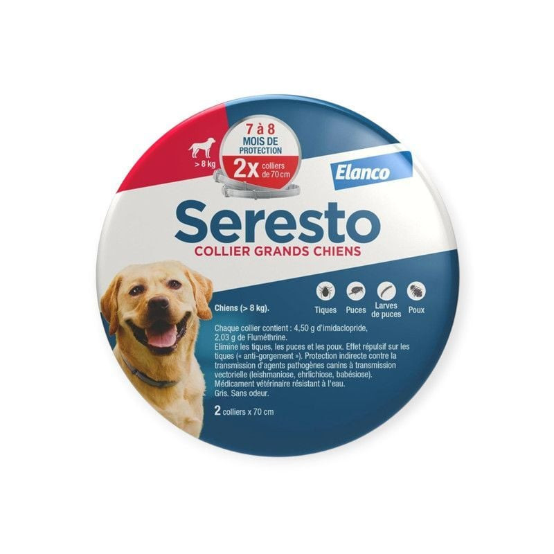 Pack de 2 colliers antiparasitaires Seresto pour grands chiens 8 kg.