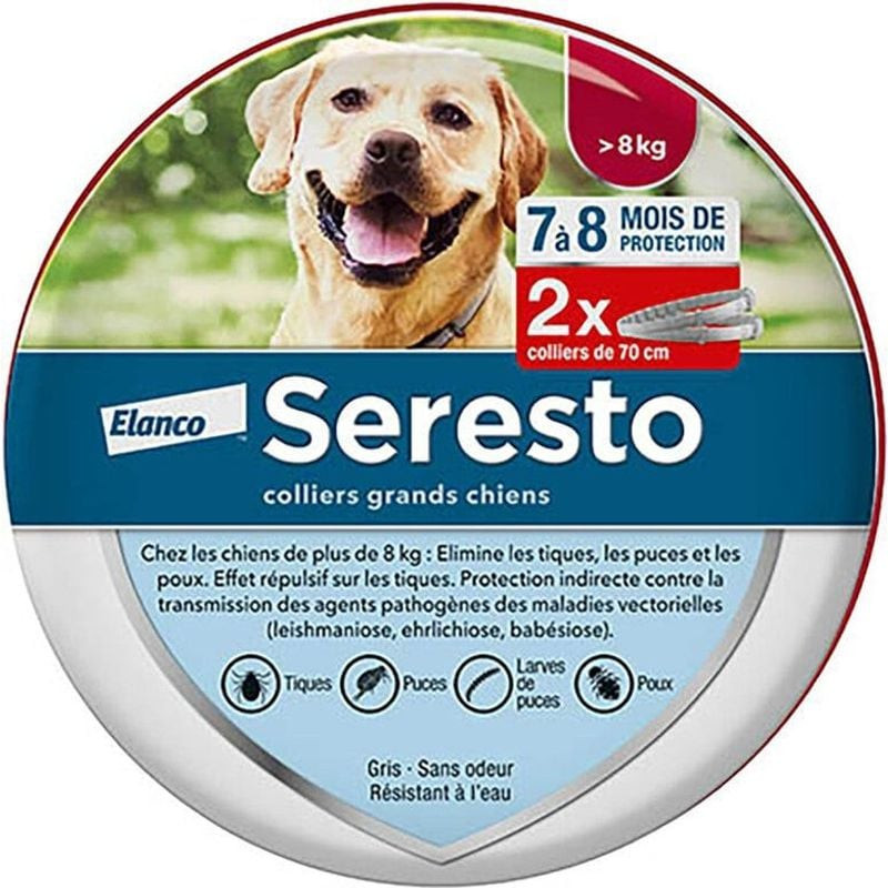 Vue avant de l'emballage Seresto Elanco pour 2 colliers 70 cm grands chiens 8 kg