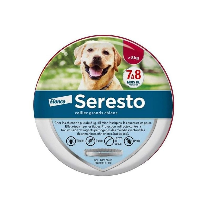 Collier antiparasitaire Seresto pour grands chiens.