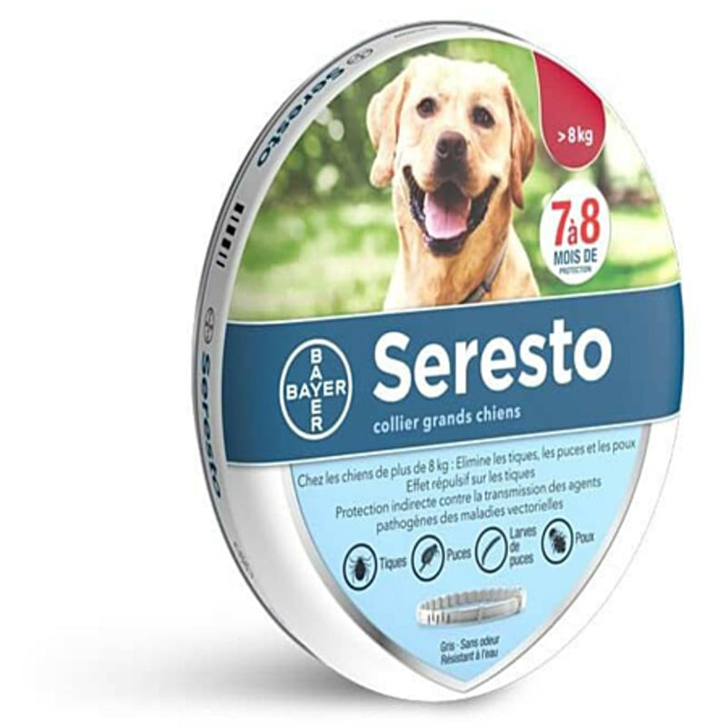 Vue de côté de l'emballage du collier Seresto pour grands chiens.