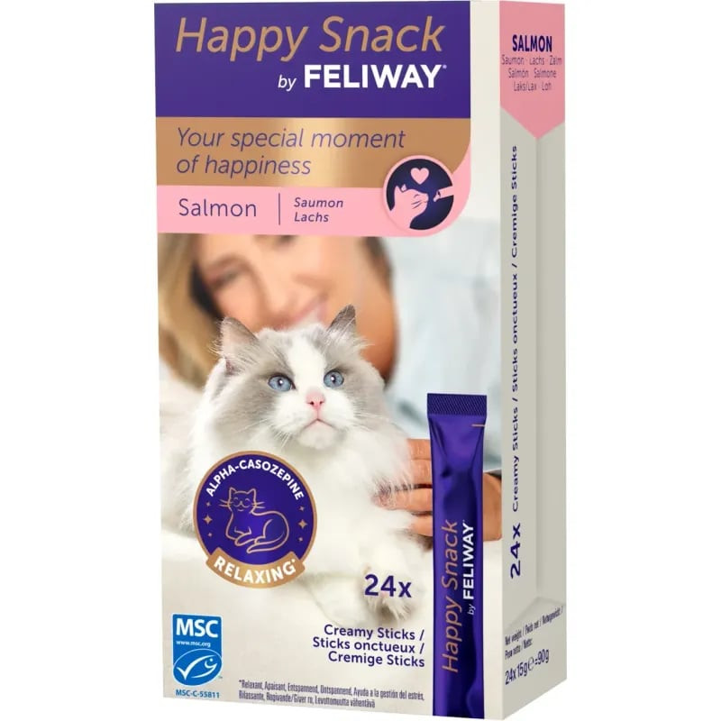 FELIWAY Le Happy Snack au saumon, bâtonnet friandise pour chat, vue de face de l'emballage montrant 