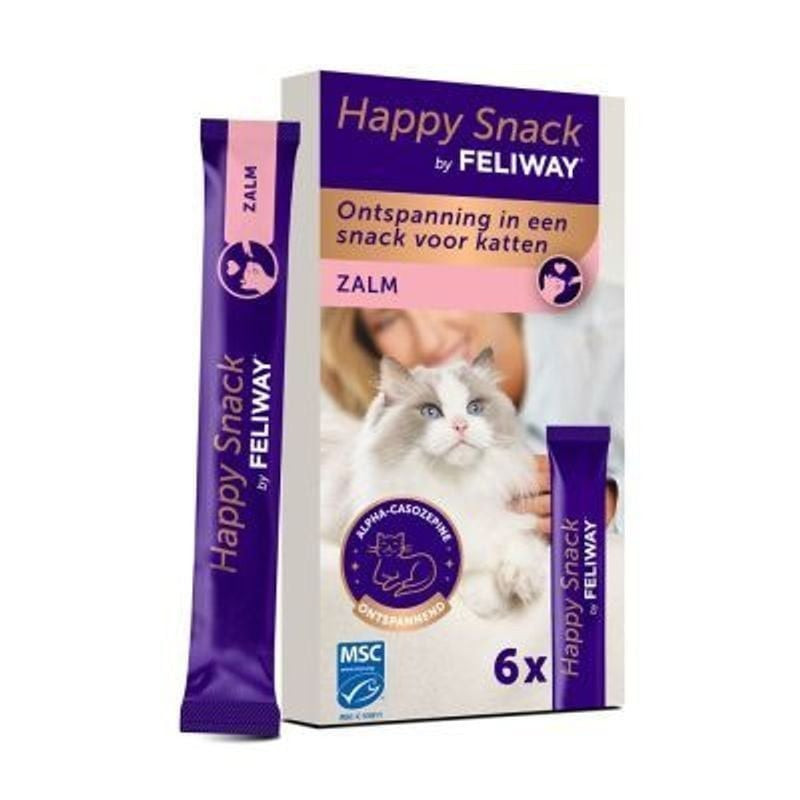 Packshot de Happy Snack by FELIWAY au saumon, une friandise onctueuse pour chat dans une boîte avec 