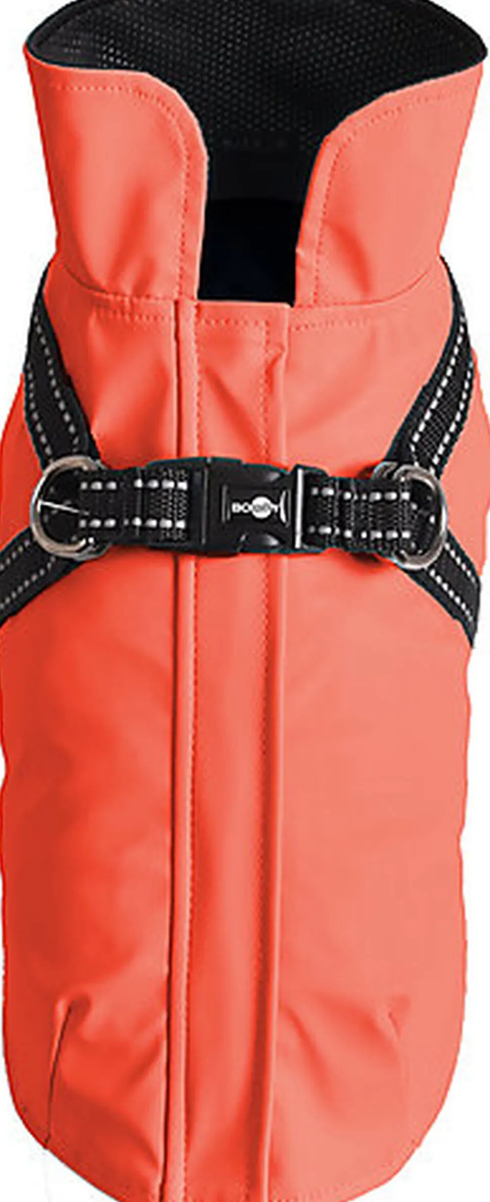 Detail close-up of Bobby 1116555 dog coat showing integrated harness attachment and foldable collar.