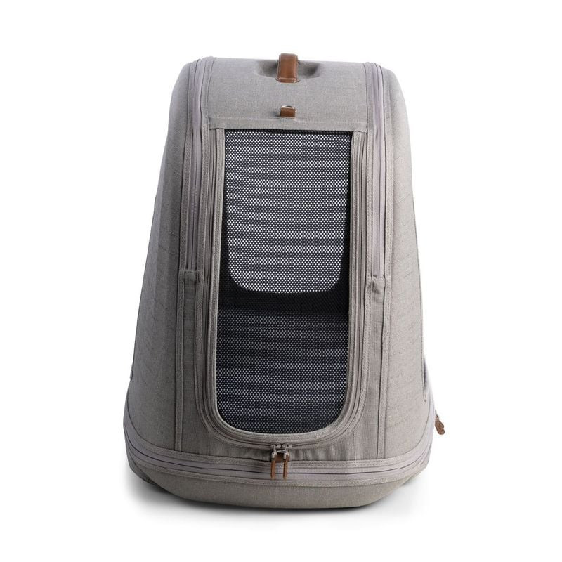 Vue avant du sac de transport pour animaux Tavo Crispin M Merle gris avec ventilation en mesh et poi