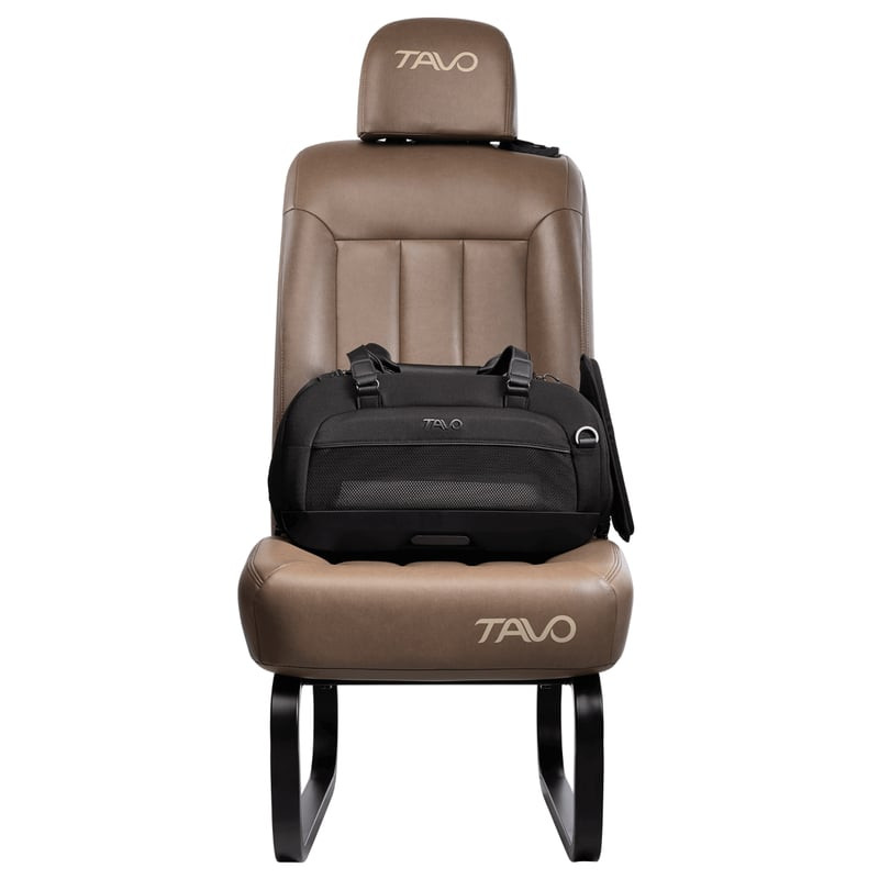 Sac de transport Tavo Pets Dupree I placé dans une voiture, attaché avec une ceinture de sécurité, m