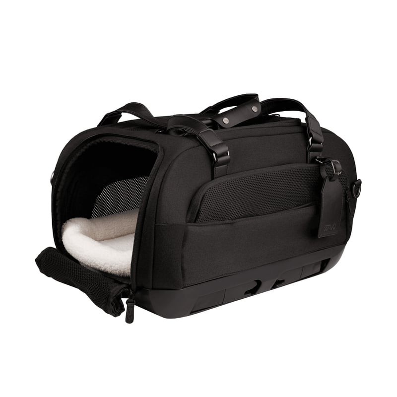 Vue de côté du sac Tavo Pets Dupree I, avec cadre flexible et panneaux latéraux en mousse mémoire.