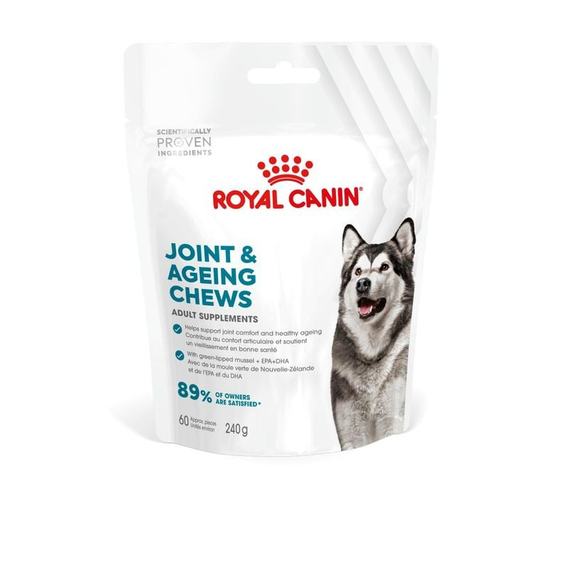 Vue de face du sachet de supplément articulaire Royal Canin pour chiens, montrant l'emballage avec i