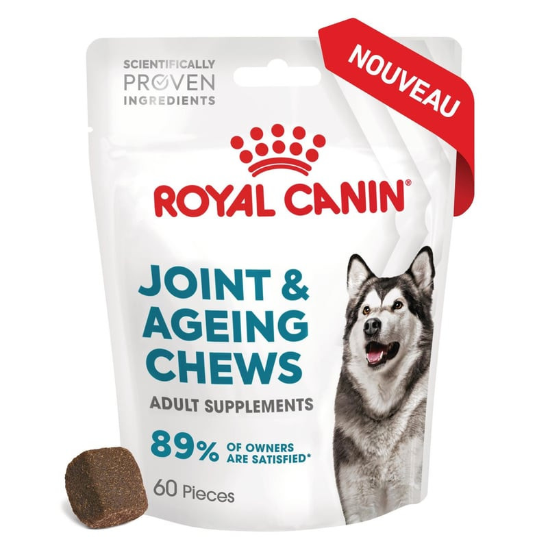 Vue arrière du sachet de complément articulaire Royal Canin avec infos nutritionnelles, ingrédients 