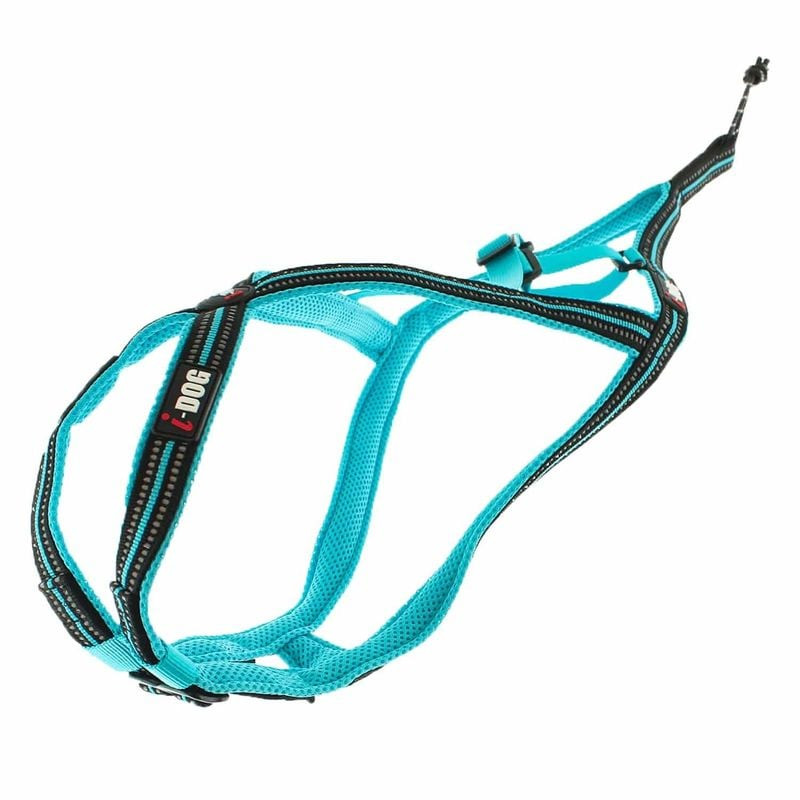 Harnais Canicross X-Back ONE IDOG bleu turquoise, taille M, vue avant mettant en avant la structure 