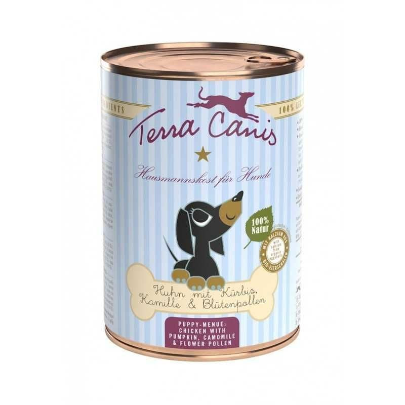 Packshot de la pâtée pour chiot Terracanis au poulet, présentant un sachet avec une recette à base d