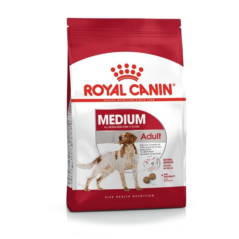 Sac de croquettes Royal Canin Medium Adult sur fond blanc, vue de face montrant l'étiquette produit 