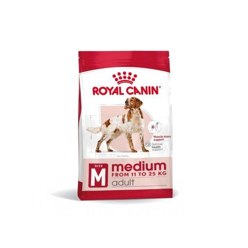 Sac de croquettes Royal Canin Medium Adult sur fond blanc, vue de côté mettant en valeur la formule 