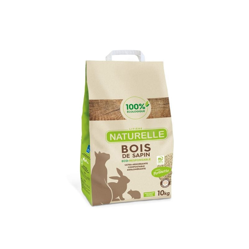 Packshot du sac de litière DEMAVIC bois de pin 10 kg, avec logo et éléments forestiers.