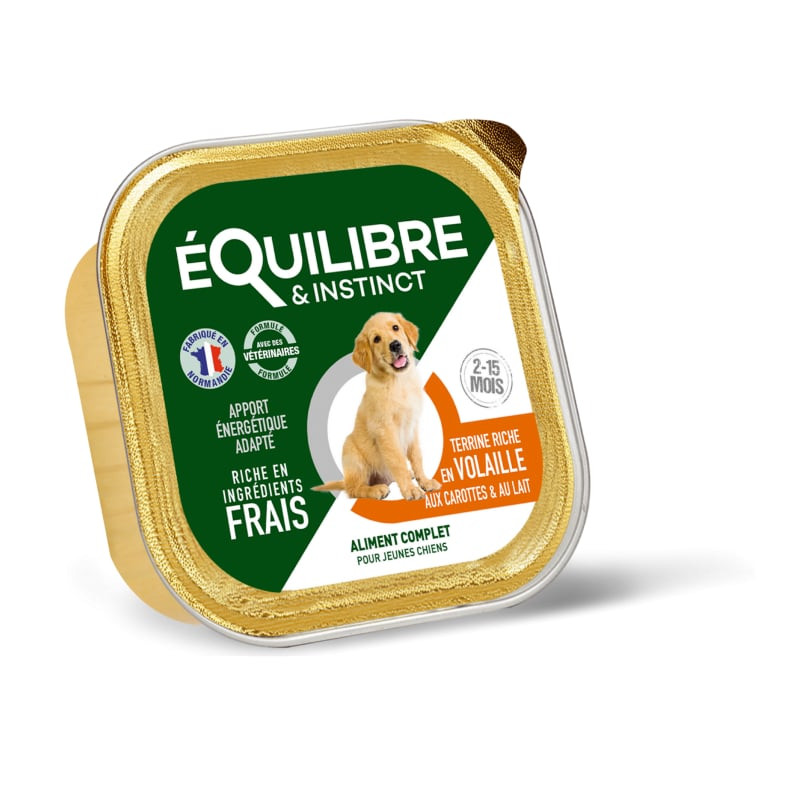 Trois barquettes ÉQUILIBRE INSTINCT 1143670 150g sous plusieurs angles : marque, terrine riche en vo