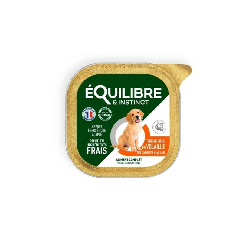 Vue avant de la terrine ÉQUILIBRE INSTINCT 1143670 pour chiot, étiquette verte avec chiot golden ret