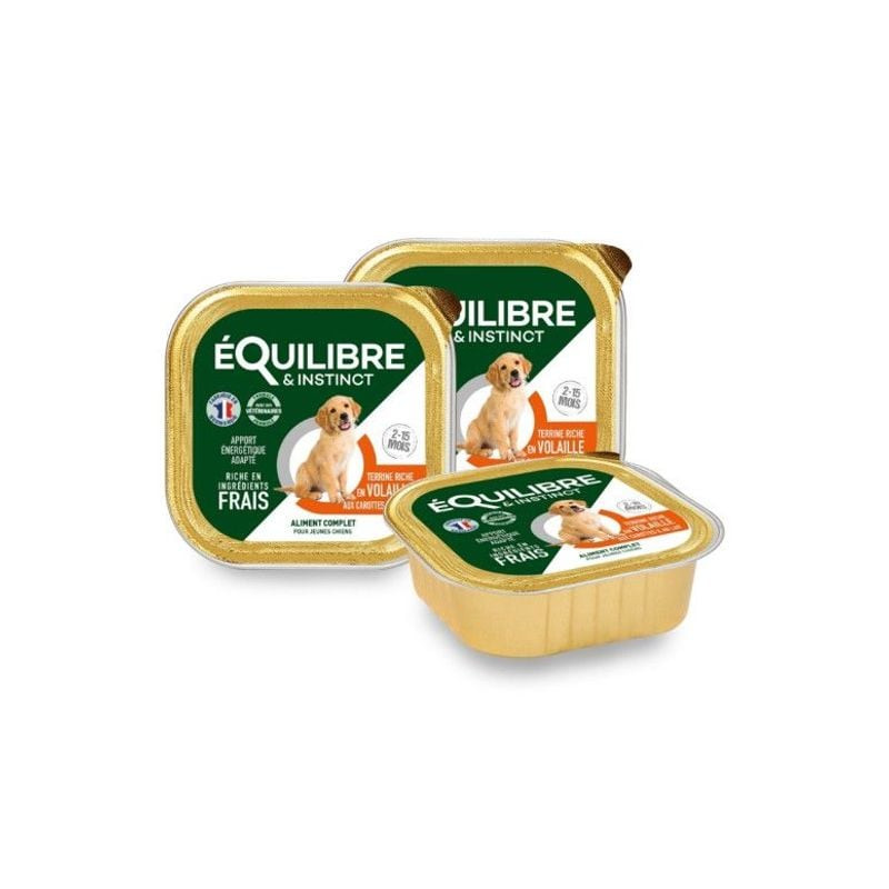 Gros plan en angle latéral de la barquette ÉQUILIBRE INSTINCT 1143670 150g mettant en avant détails 