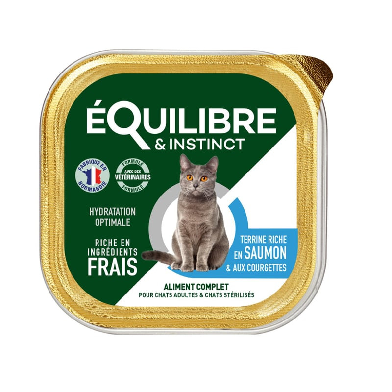 Vue avant de la terrine Équilibre Instinct 1143667 saumon courgette pour chat, avec logo marque, ima